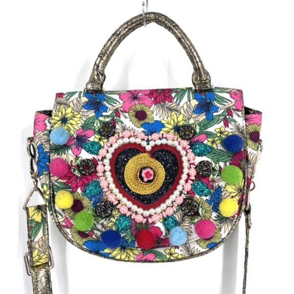 Irregular Choice Multicolor Floral Heart Pom-Pom Satchel